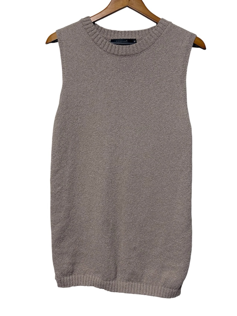 Nenona Taupe Sleeveless Crew Neck Knit Sweater Vest Side Slits Women’s Small